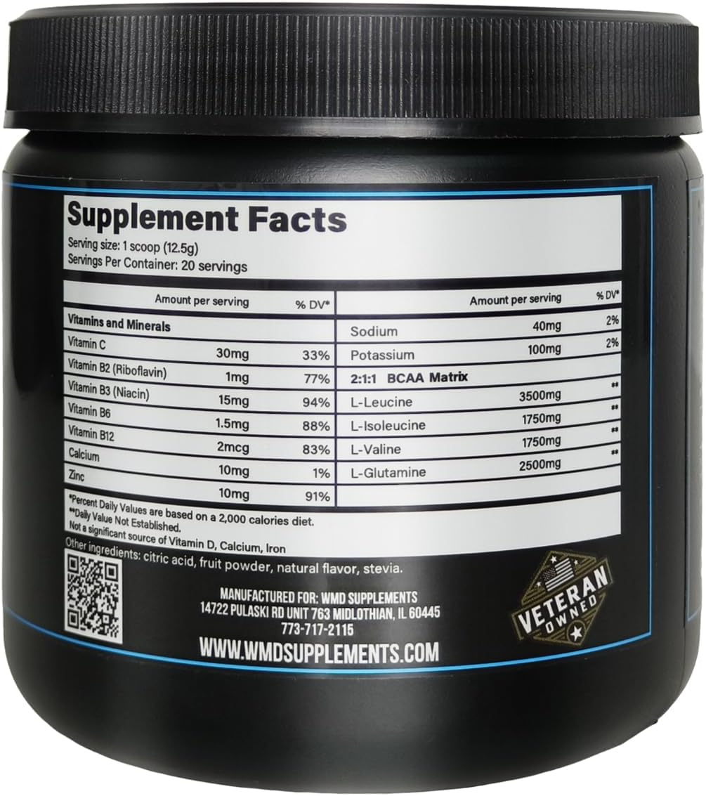 WMD Re-Activate BCAA Powder - Blueberry Flavor, 250g - Amino Acids for Muscle Growth, Repair, & Recovery - Gluten Free, Sugar Free, Non-GMO, Vegan - No Artificial Colors, Patented Ingredients