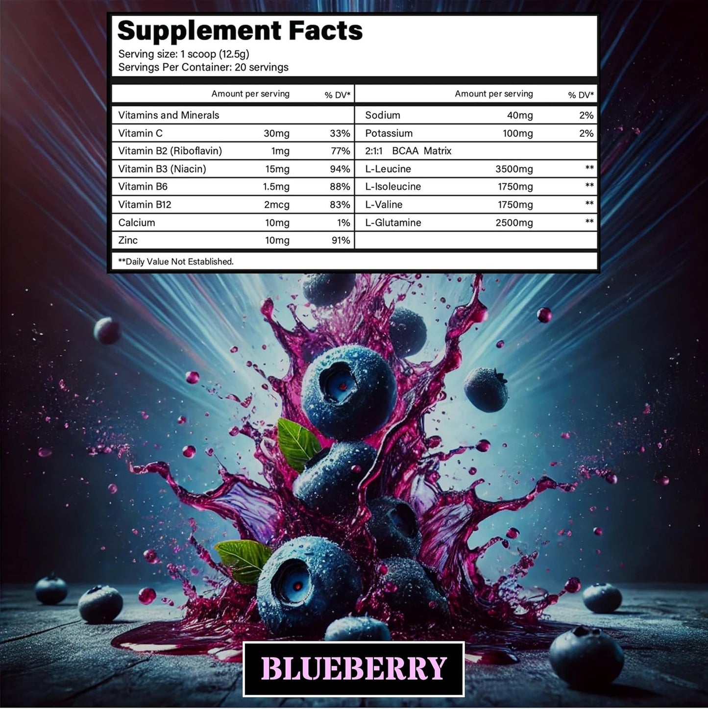 WMD Re-Activate BCAA Powder - Blueberry Flavor, 250g - Amino Acids for Muscle Growth, Repair, & Recovery - Gluten Free, Sugar Free, Non-GMO, Vegan - No Artificial Colors, Patented Ingredients