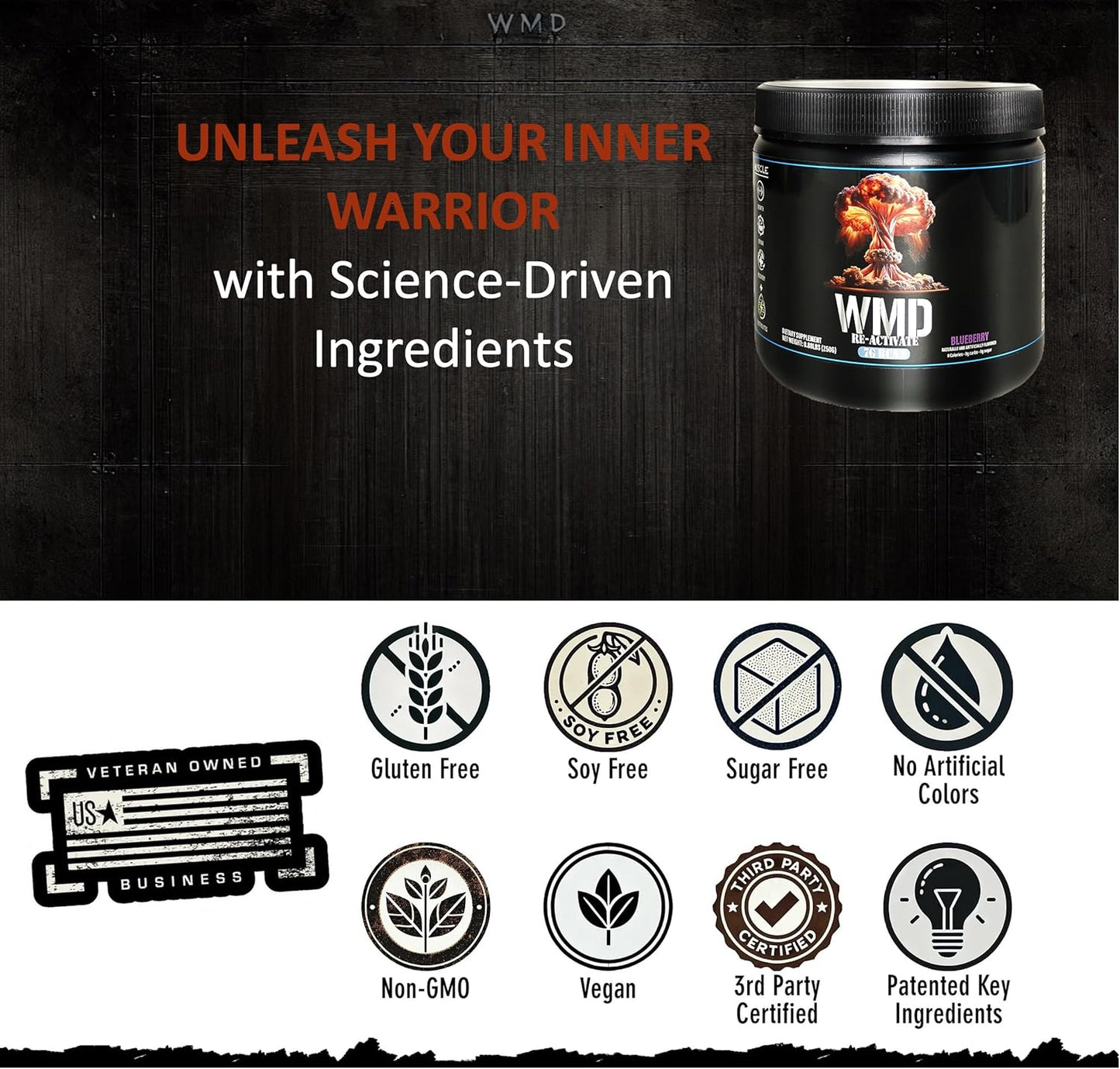 WMD Re-Activate BCAA Powder - Blueberry Flavor, 250g - Amino Acids for Muscle Growth, Repair, & Recovery - Gluten Free, Sugar Free, Non-GMO, Vegan - No Artificial Colors, Patented Ingredients