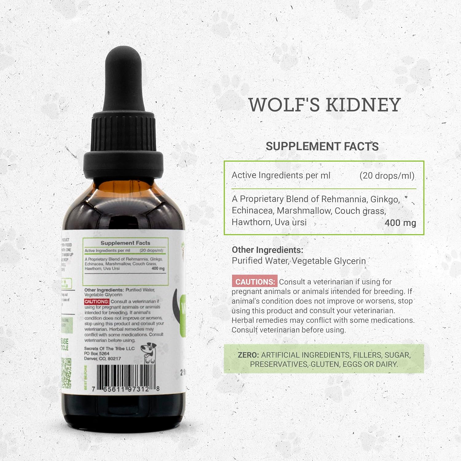 Wolf's Kidney Support Herbal Supplement for Dogs | Natural Alcohol-Free Extract | Rehmannia, Ginkgo, Echinacea, Marshmallow, Couch Grass, Hawthorn, Uva Ursi | Healthy Kidney Function | 2 oz