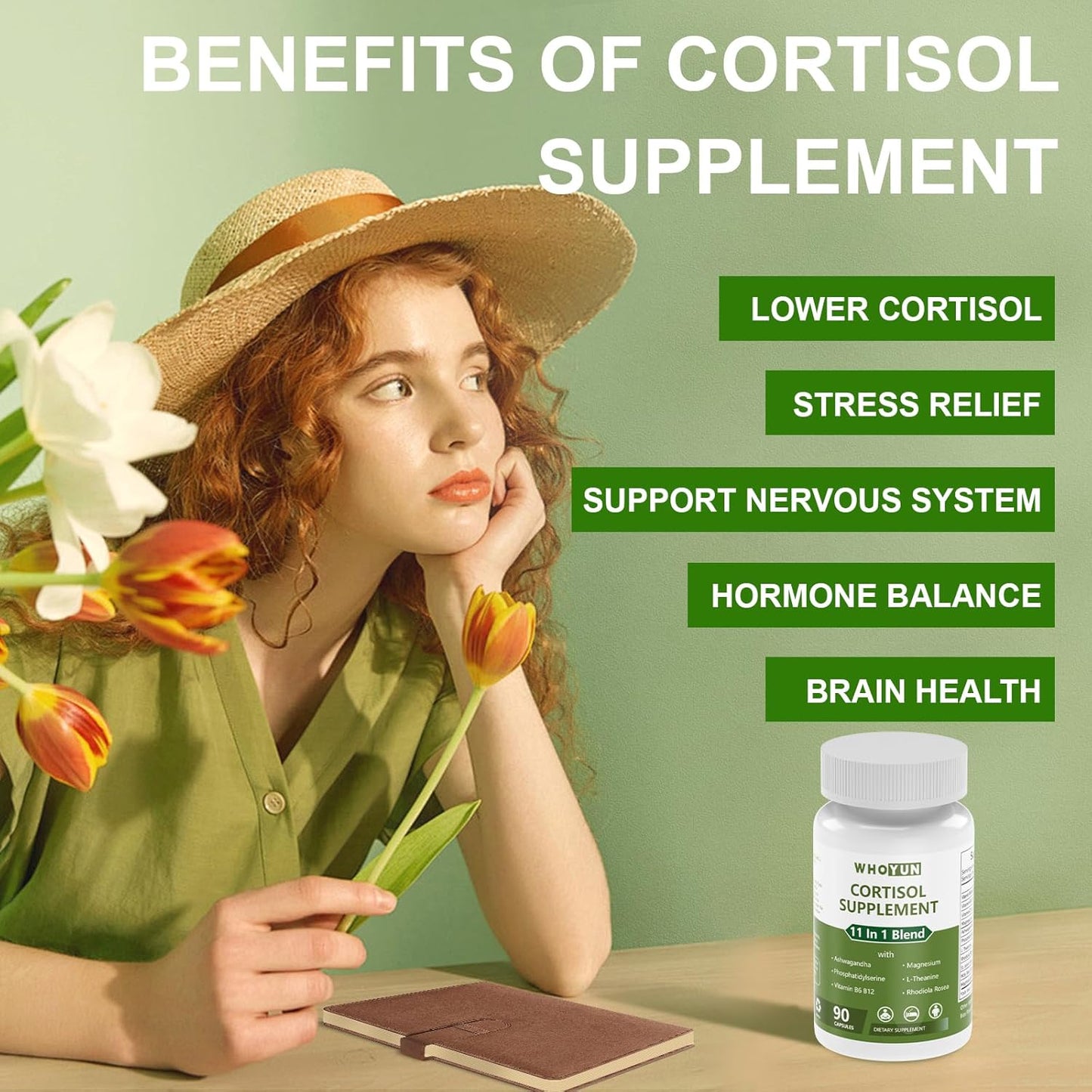 Women's 11-in-1 Lower Cortisol Supplement with Ashwagandha & Magnesium - Vegan, 90 Capsules