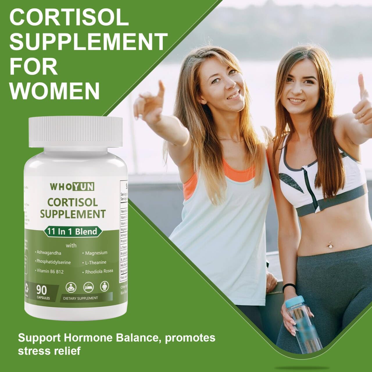 Women's 11-in-1 Lower Cortisol Supplement with Ashwagandha & Magnesium - Vegan, 90 Capsules