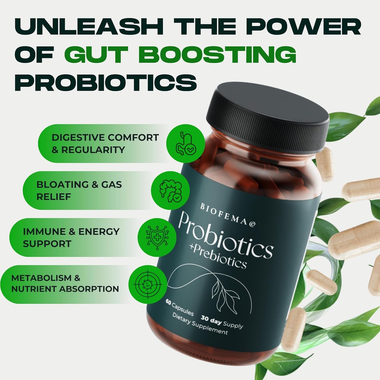 Women's Acidophilus Probiotic with Prebiotics - 40 Billion CFUs for Digestive Health and Bloating Relief - 60 Vegan Capsules - 4 Researched Strains