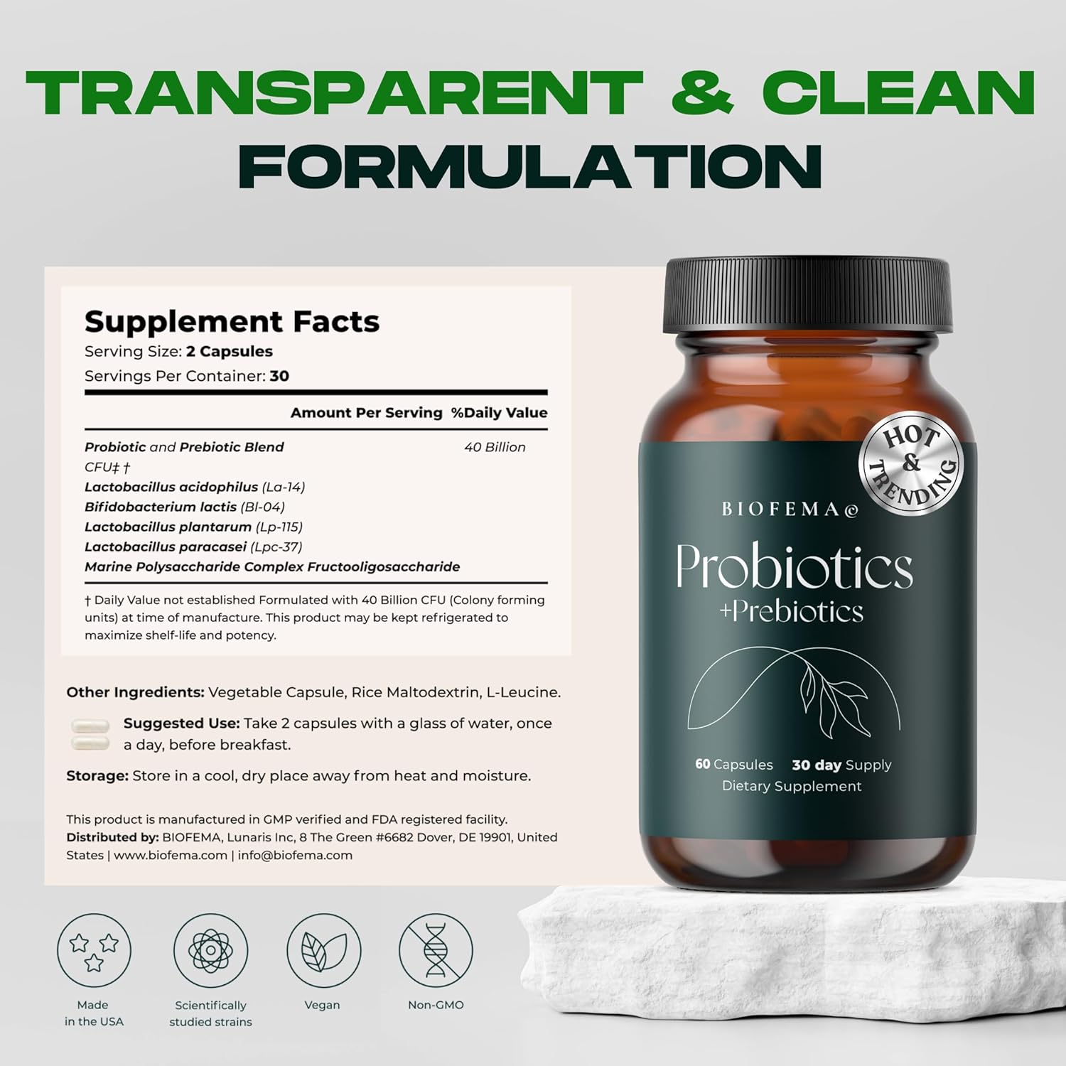 Women's Acidophilus Probiotic with Prebiotics - 40 Billion CFUs for Digestive Health and Bloating Relief - 60 Vegan Capsules - 4 Researched Strains