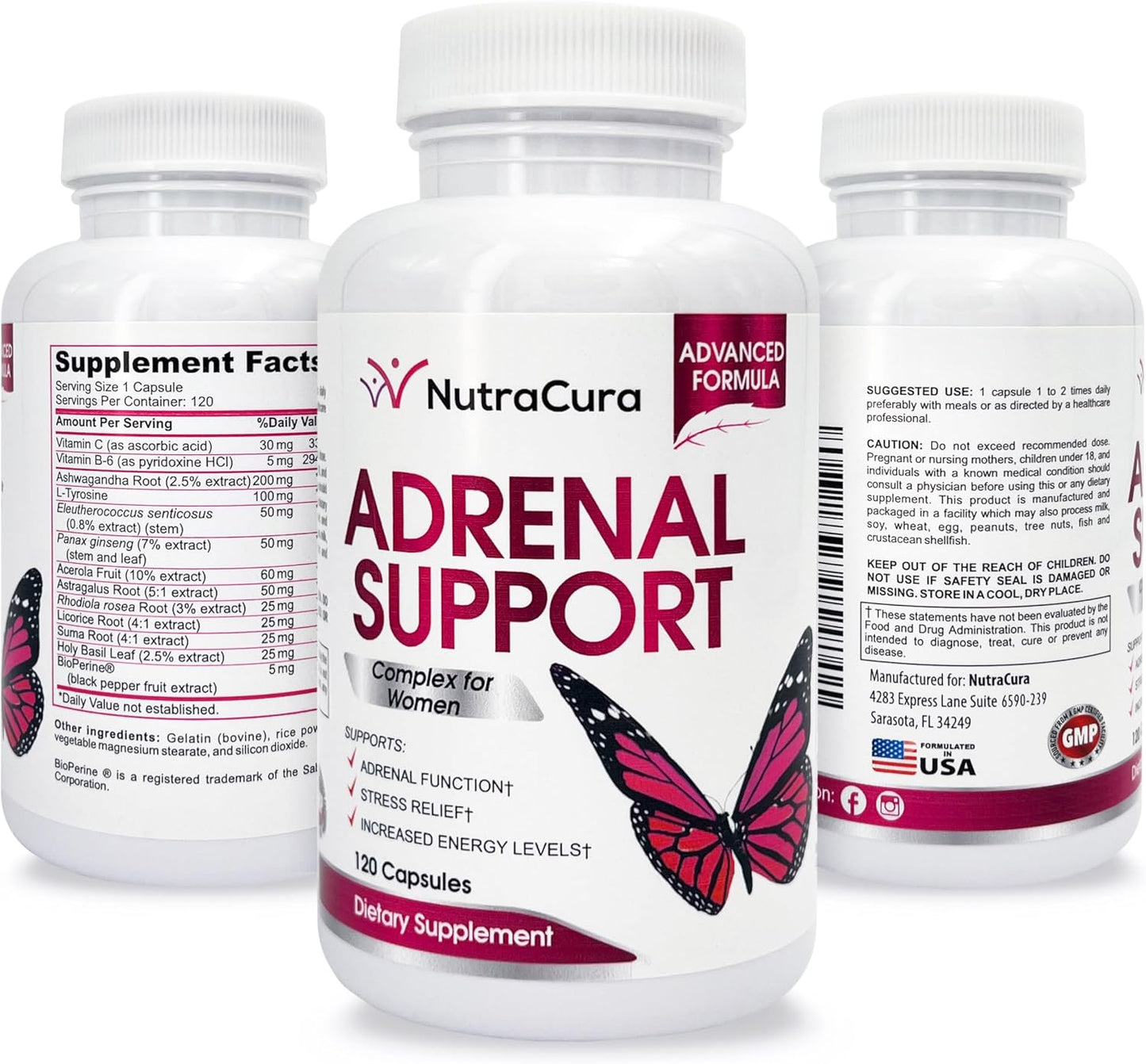 Women's Adrenal Support Supplement - Natural Formula with Ginseng, Tyrosine, Ashwagandha - 120 Capsules for Cortisol Management