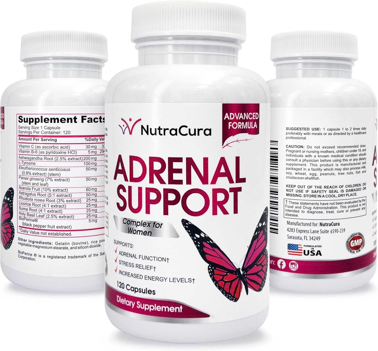Women's Adrenal Support Supplement - Natural Formula with Ginseng, Tyrosine, Ashwagandha - 120 Capsules for Cortisol Management