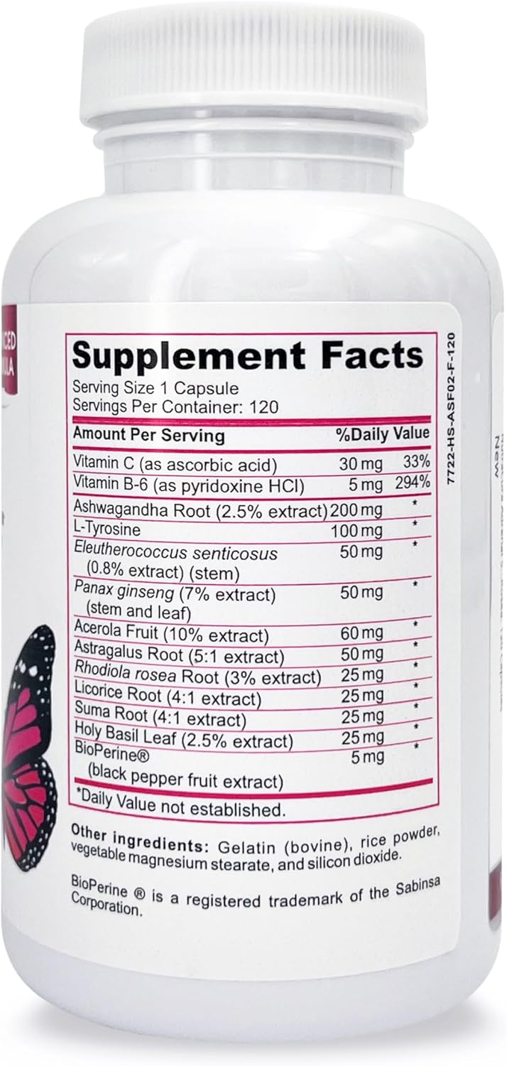 Women's Adrenal Support Supplement - Natural Formula with Ginseng, Tyrosine, Ashwagandha - 120 Capsules for Cortisol Management