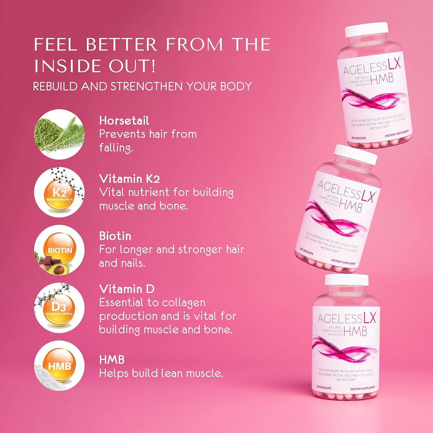 Women's AgelessLX Collagen Capsules for Skin, Hair & Anti-Aging - HMB Collagen Enhancer Supplement - Cellulite Support - 60 Servings