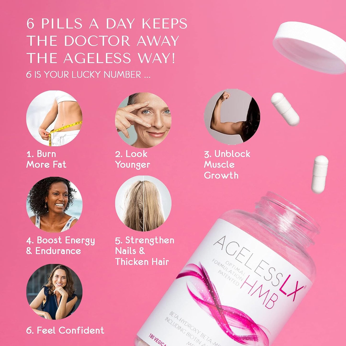 Women's AgelessLX Collagen Capsules for Skin, Hair & Anti-Aging - HMB Collagen Enhancer Supplement - Cellulite Support - 60 Servings