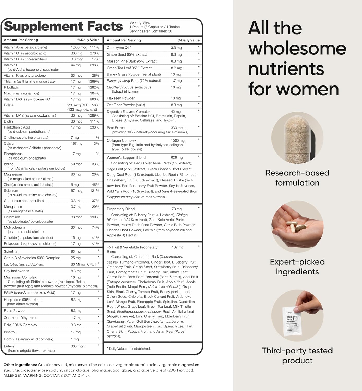 Women's All-in-One Multivitamin with 106 Nutrients for Hair, Skin, Energy - Vitamin B12, A, C, D, E, Folate, Collagen - 30 Day Supply