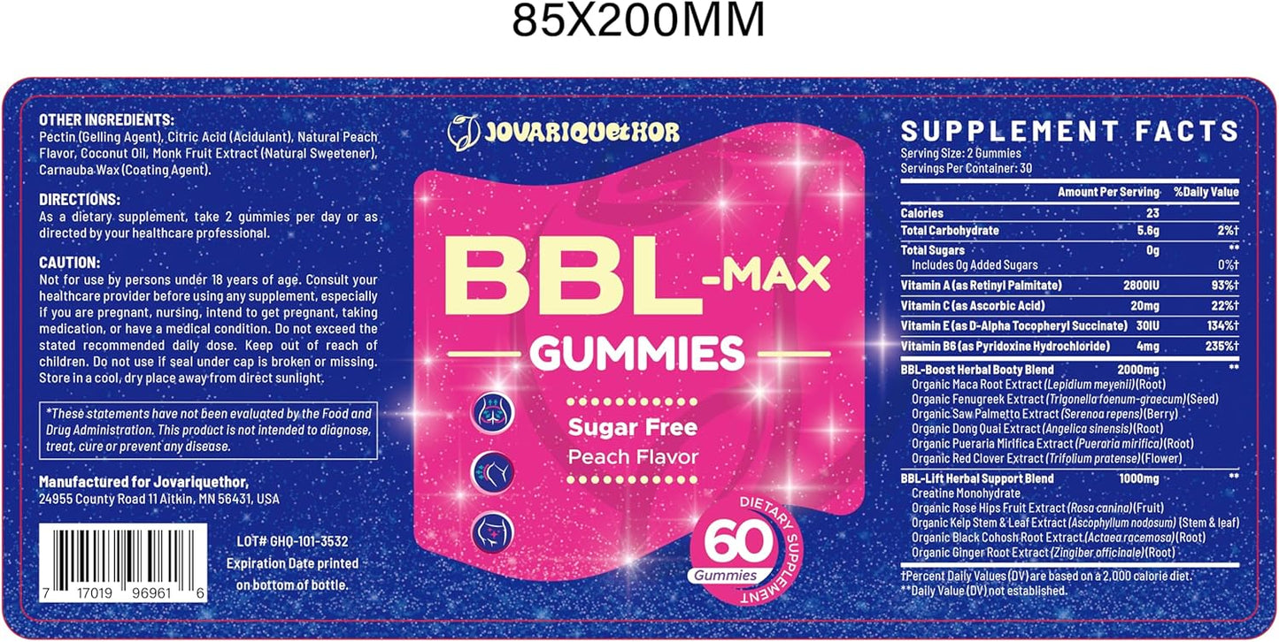 Women's BBL Booty Gummies with Multivitamins and Herbal Extracts - Peach Flavor - 60 Gummies