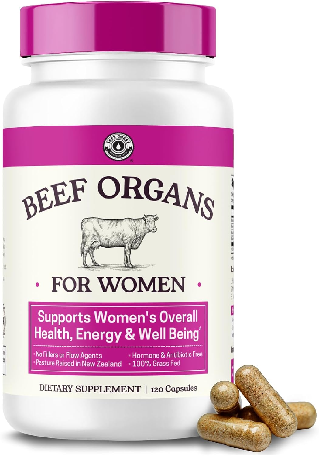 Women's Beef Organ Supplement for Energy & Health - Liver, Kidney, Heart, Uterus Tissue - Pasture Raised in NZ - 120 Capsules