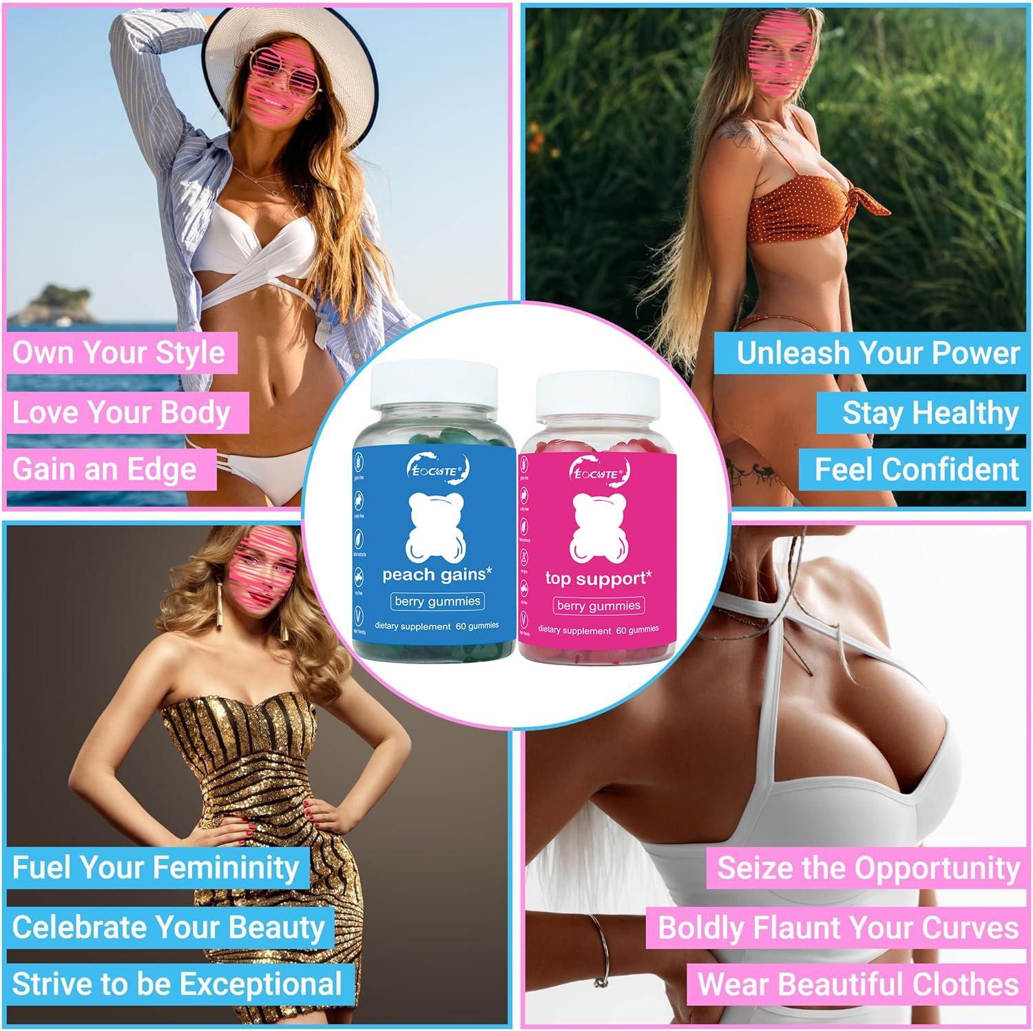 Women's Bum & Chest Support Gummies - Fitness Supplement for Peach Gains - Berry Flavored with Essential Herbs and Multivitamins - Workout Aid Combo Pack (120 Count)