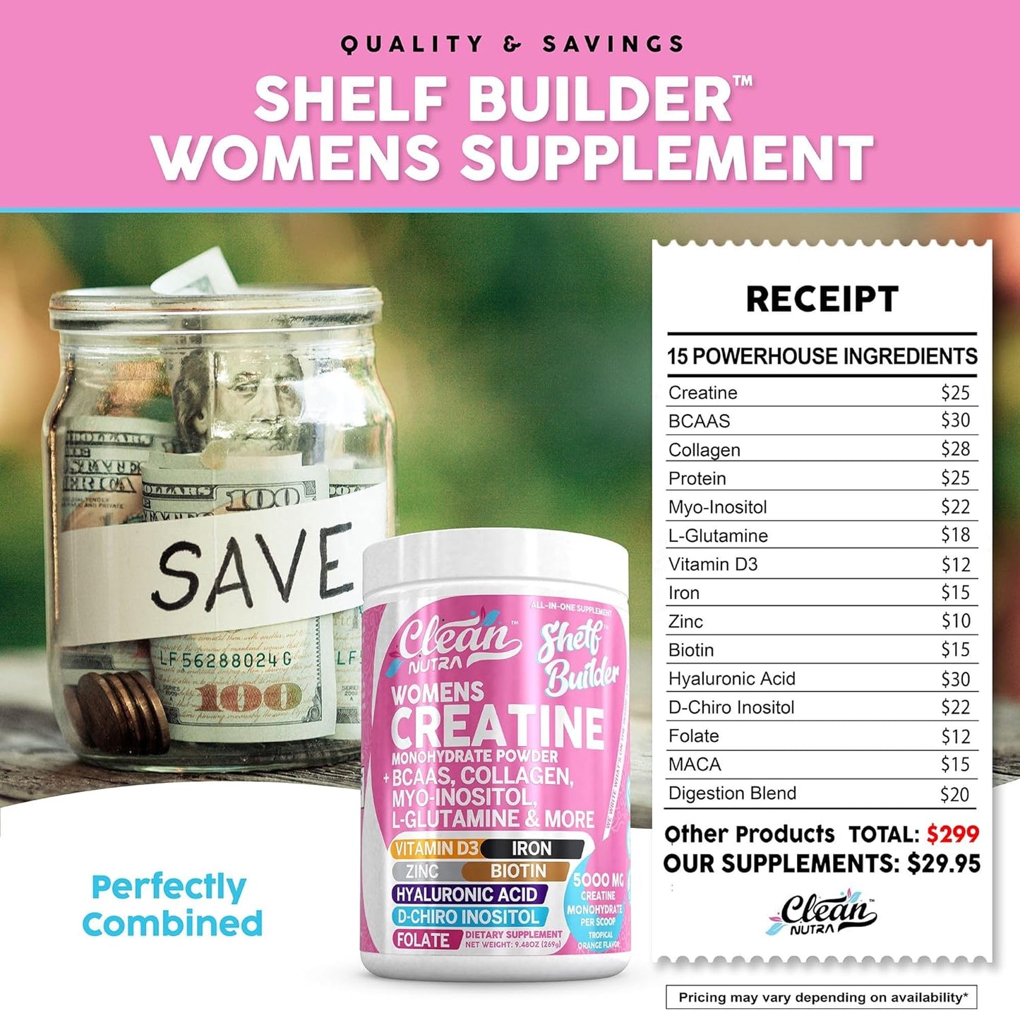 Women's Clean Nutraceuticals Creatine Supplement with BCAAs, Myo-Inositol, Collagen, Biotin, and More for Digestion and Muscle Building