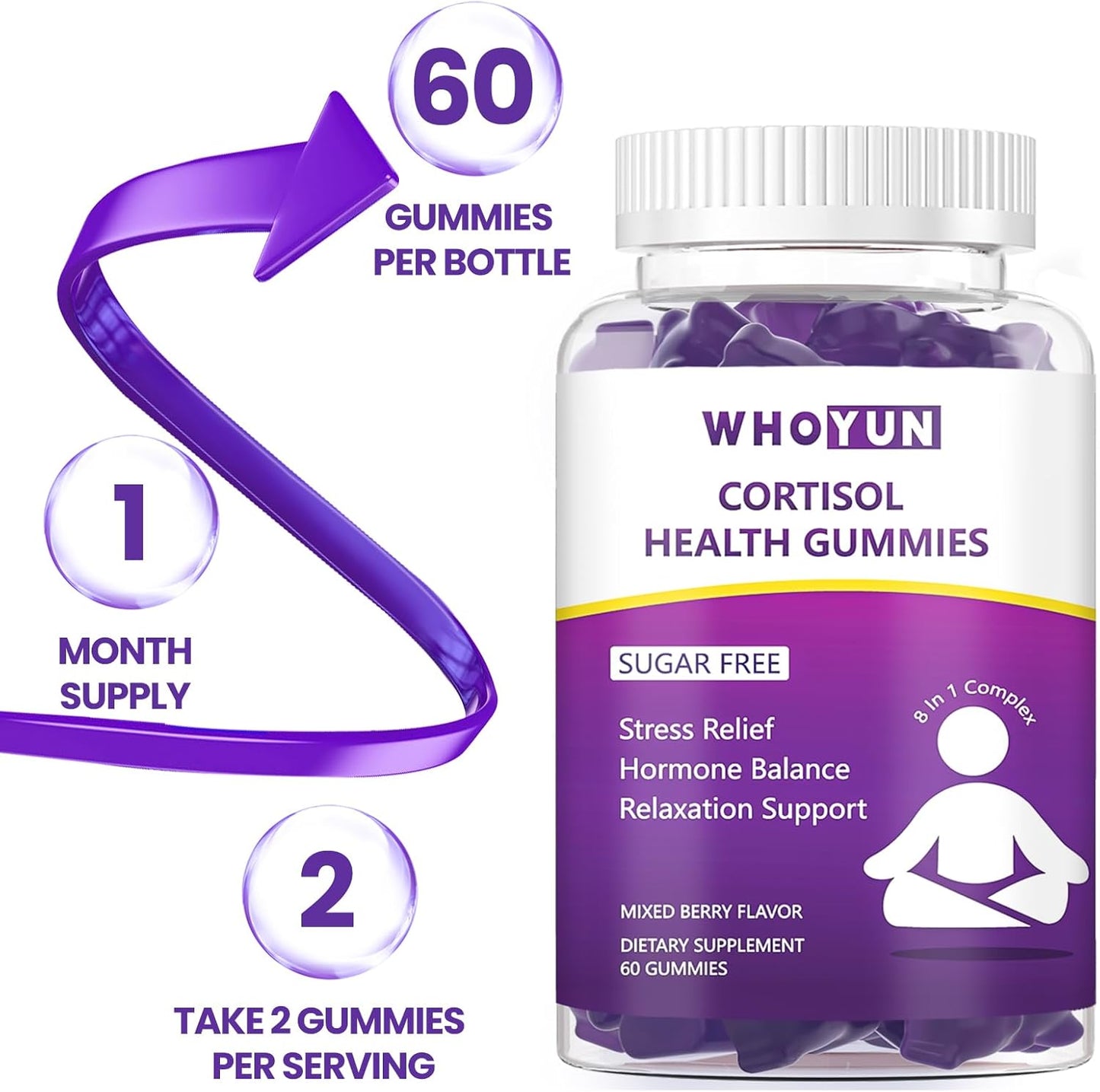 Women's Cortisol Support Gummies with Phosphatidylserine & Ashwagandha - Stress Relief & Magnesium - Vegan & Sugar Free - 60 Count