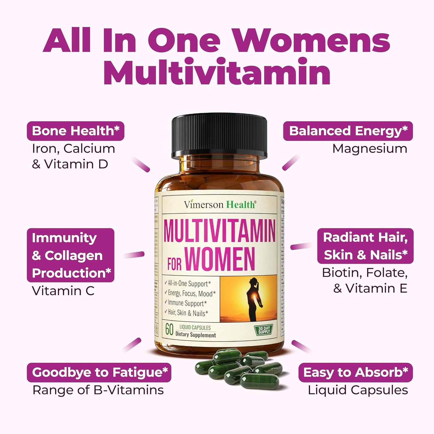 Women's Daily Multivitamin & Multimineral - Vitamins for Energy, Focus, & Health - 60 Liquid Capsules by Vimerson Health