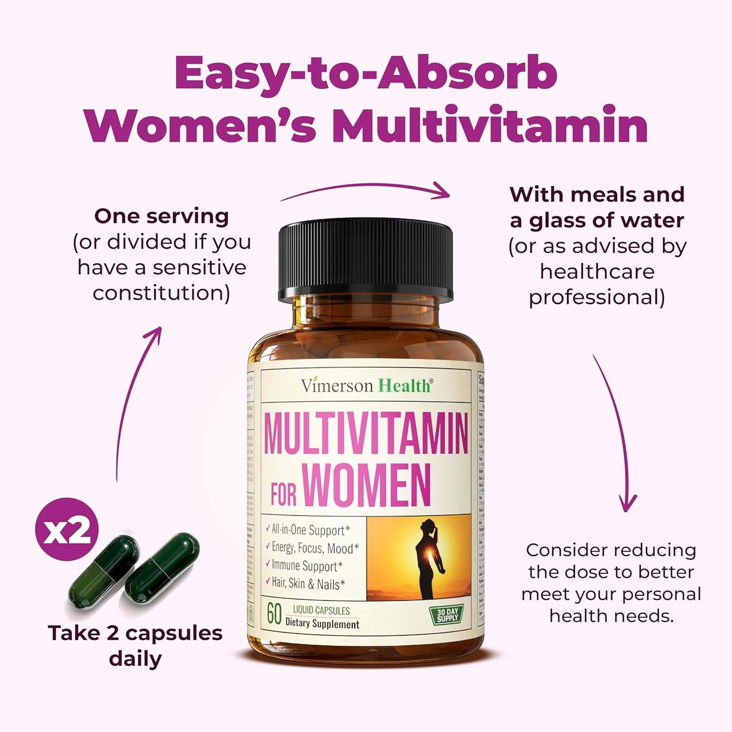 Women's Daily Multivitamin & Multimineral - Vitamins for Energy, Focus, & Health - 60 Liquid Capsules by Vimerson Health