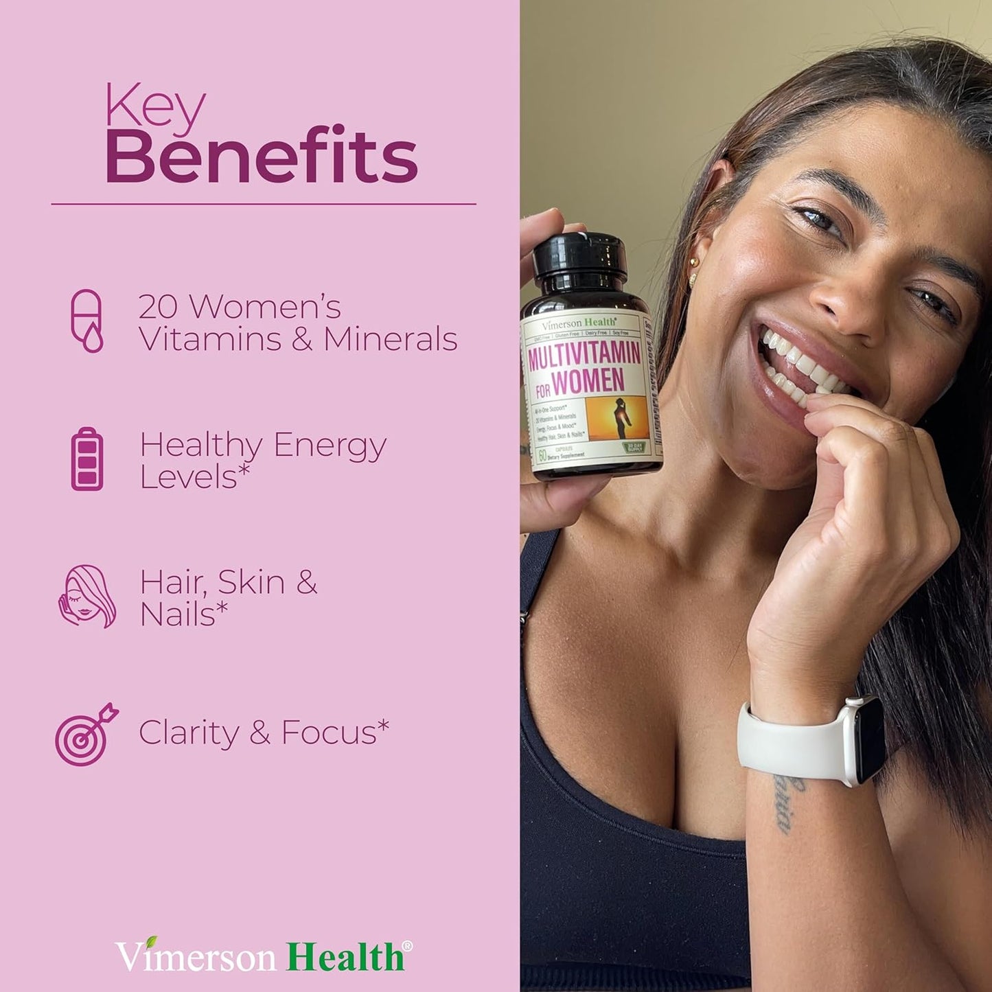 Women's Daily Multivitamin with Vitamin A, C, D, E, B12, Zinc - Energy, Focus, Health - 60 Capsules by Vimerson Health