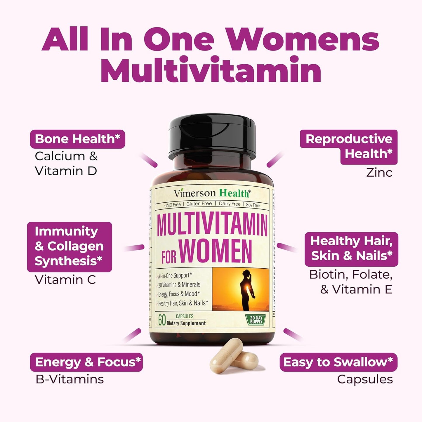Women's Daily Multivitamin with Vitamin A, C, D, E, B12, Zinc - Energy, Focus, Health - 60 Capsules by Vimerson Health