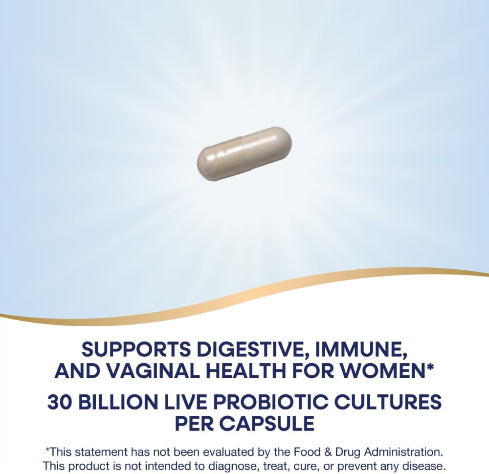 Women's Daily Probiotic - 30 Billion Live Cultures, 10 Strains, Prebiotics - Digestive & Immune Health Support - No Refrigeration - 30 Capsules