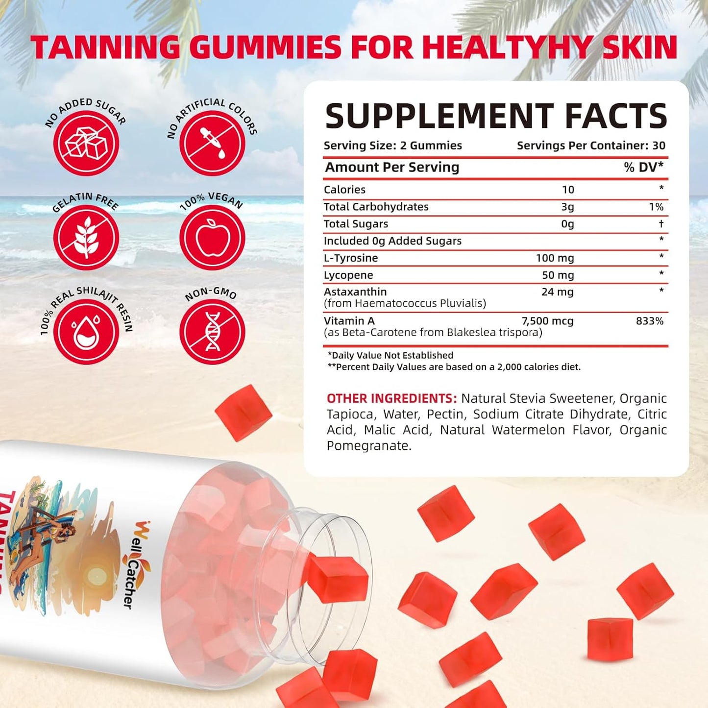 Women's Daily Tanning Gummies with Astaxanthin & Beta-Carotene - Sugar-Free Skin Health Supplement for Sun Sensitivity - Vegan & Non-GMO - 60CT