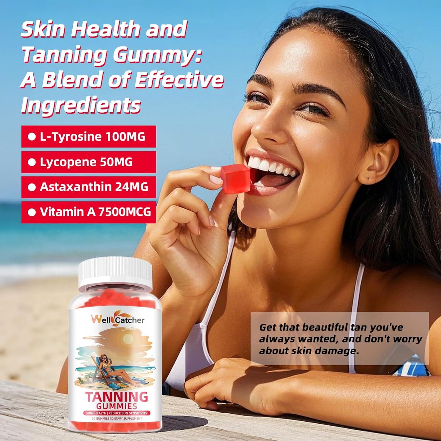 Women's Daily Tanning Gummies with Astaxanthin & Beta-Carotene - Sugar-Free Skin Health Supplement for Sun Sensitivity - Vegan & Non-GMO - 60CT
