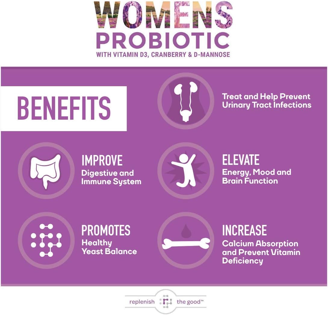 Women's Digestive Health Probiotics with Vitamin D3, Prebiotics, Cranberry - Vegan Gut Health Supplement for UTI & Yeast Defense - 60 Tablets