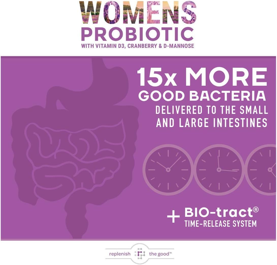Women's Digestive Health Probiotics with Vitamin D3, Prebiotics, Cranberry - Vegan Gut Health Supplement for UTI & Yeast Defense - 60 Tablets