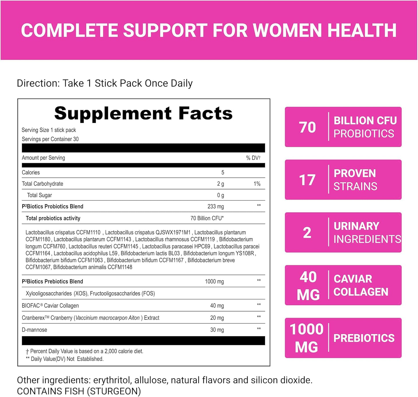 Women's Digestive & Weight Wellness: UpNourish Prebiotics, Probiotics, Collagen with Cranberry & D-Mannose, 30 Packets