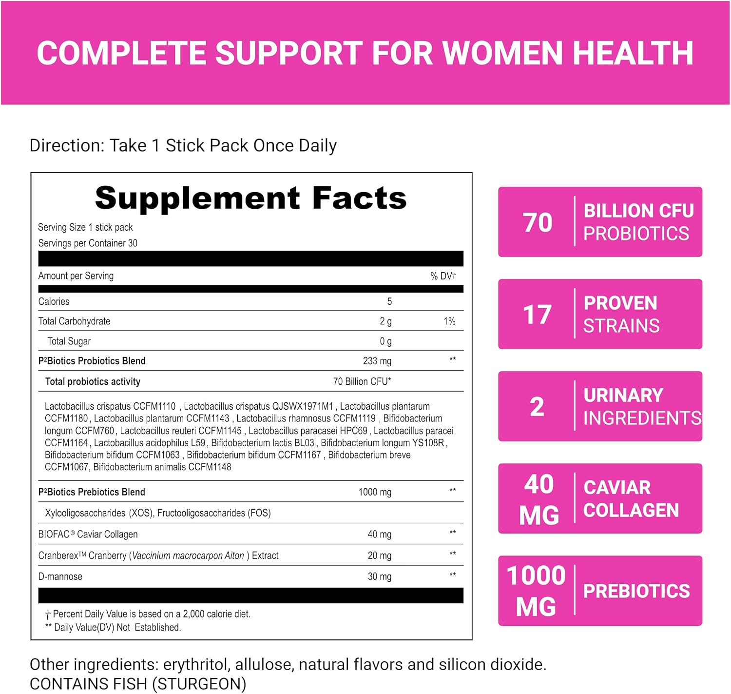 Women's Digestive & Weight Wellness: UpNourish Prebiotics, Probiotics, Collagen with Cranberry & D-Mannose, 30 Packets