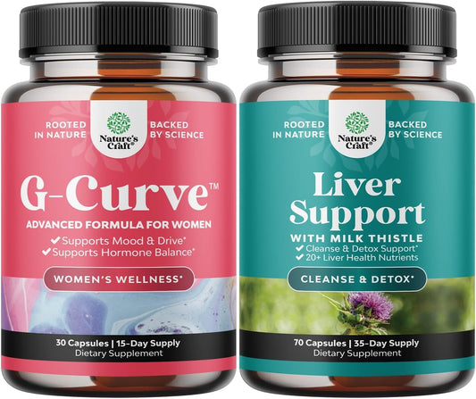 Women's Energy and Mood Boost Bundle: G Curve Horny Goat Weed + Liver Cleanse & Detox Formula - Herbal Liver Support Supplement for Performance