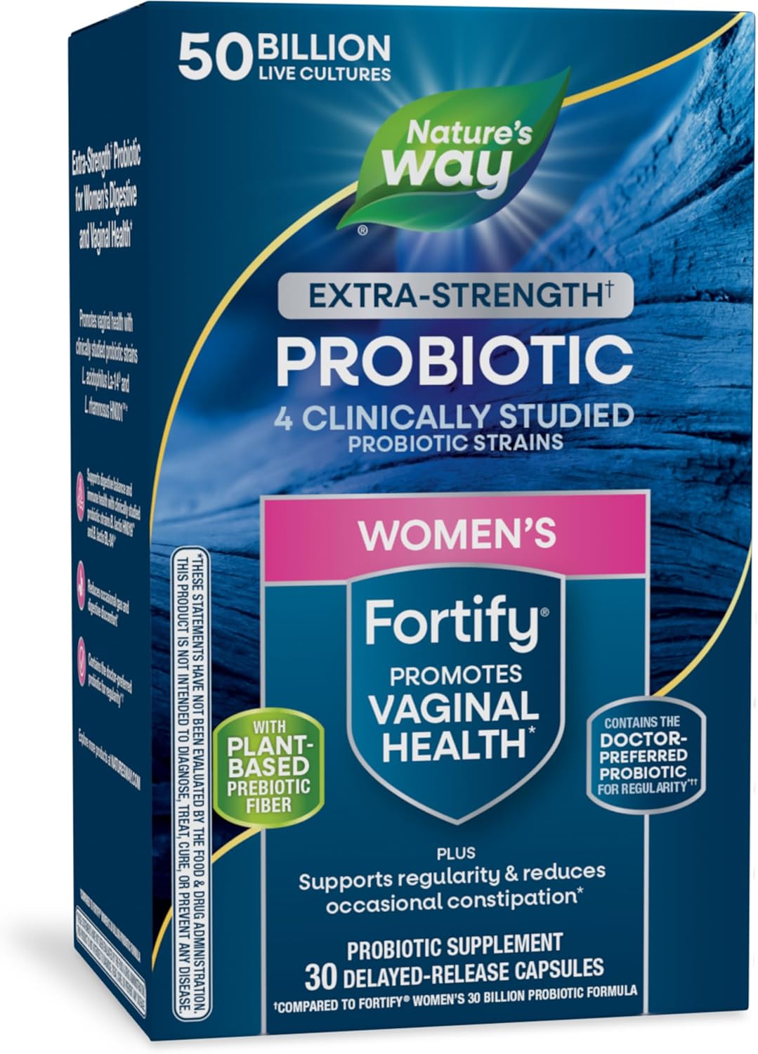 Women's Extra Strength Fortify Probiotic with 50 Billion Live Cultures and Plant-Based Prebiotic Fiber - Supports Digestive, Vaginal, & Immune Health - Non-GMO - 30 Capsules