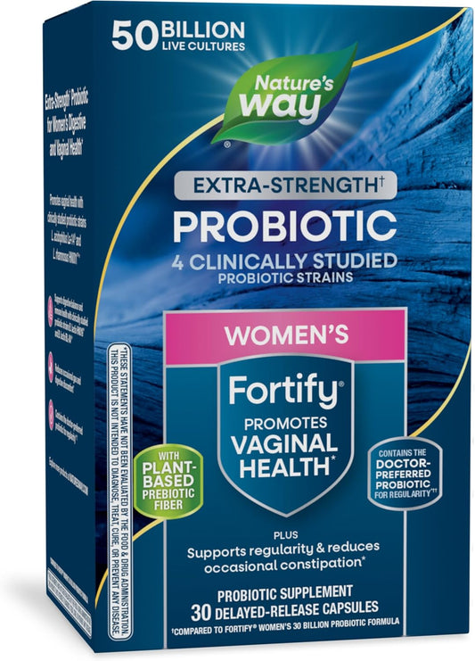 Women's Extra Strength Fortify Probiotic with 50 Billion Live Cultures and Plant-Based Prebiotic Fiber - Supports Digestive, Vaginal, & Immune Health - Non-GMO - 30 Capsules
