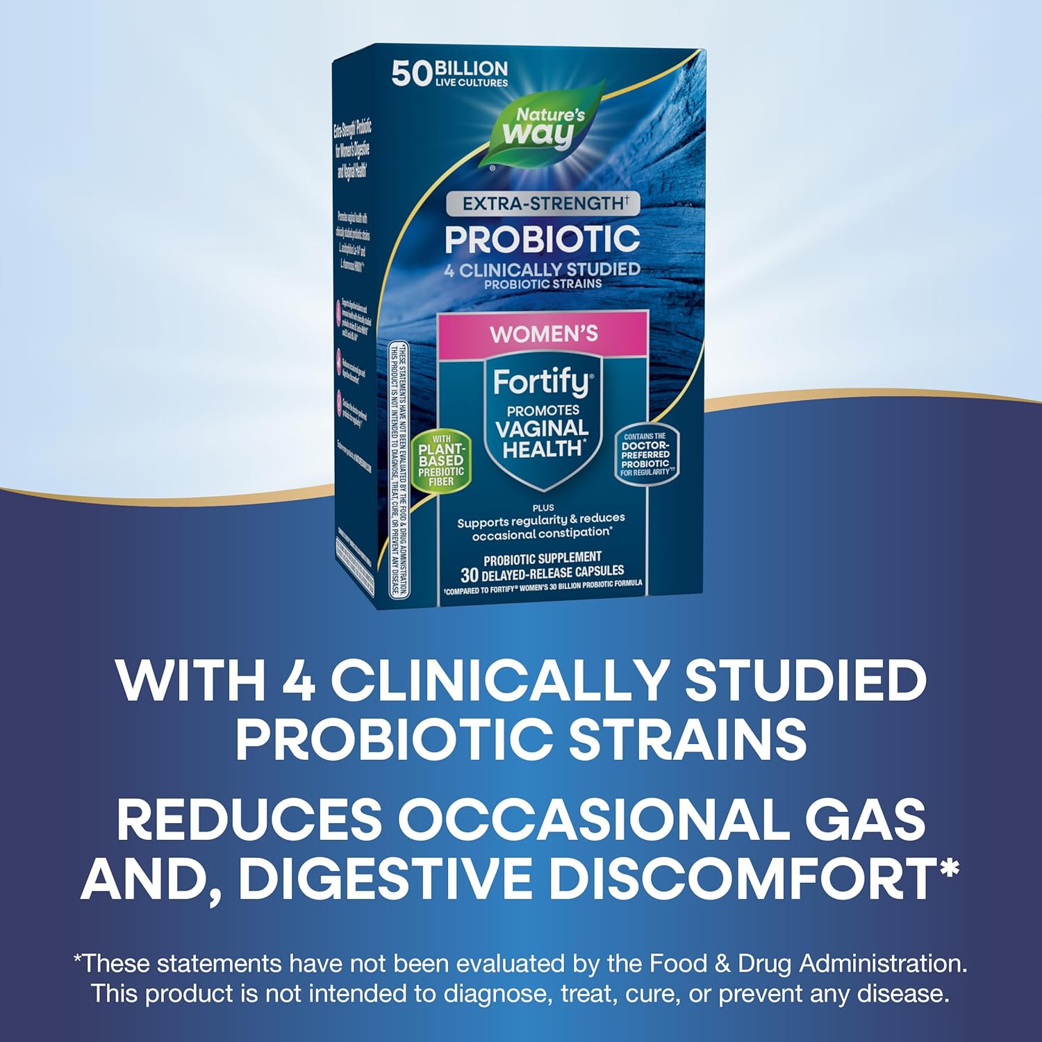 Women's Extra Strength Fortify Probiotic with 50 Billion Live Cultures and Plant-Based Prebiotic Fiber - Supports Digestive, Vaginal, & Immune Health - Non-GMO - 30 Capsules