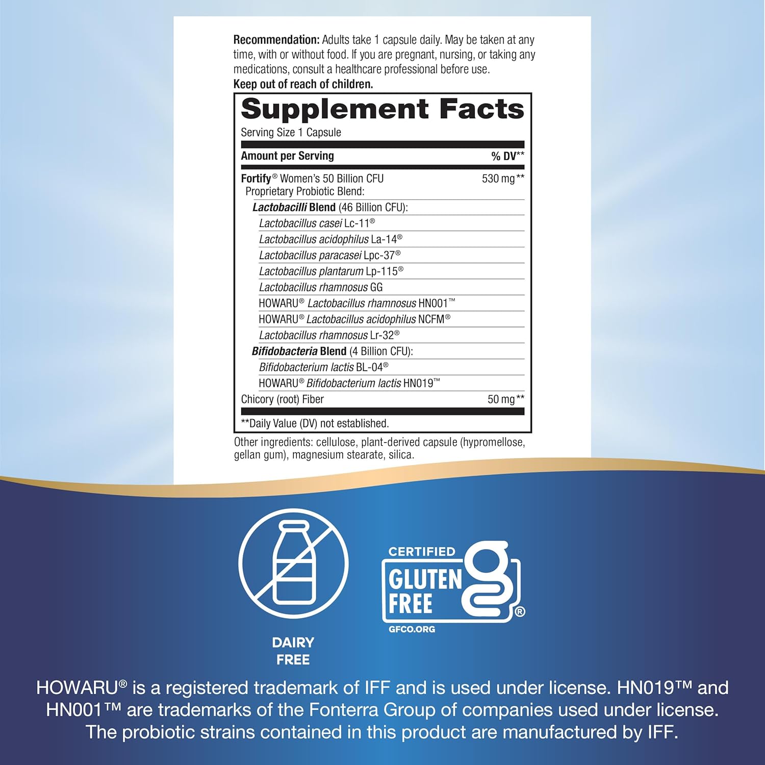 Women's Extra Strength Fortify Probiotic with 50 Billion Live Cultures and Plant-Based Prebiotic Fiber - Supports Digestive, Vaginal, & Immune Health - Non-GMO - 30 Capsules