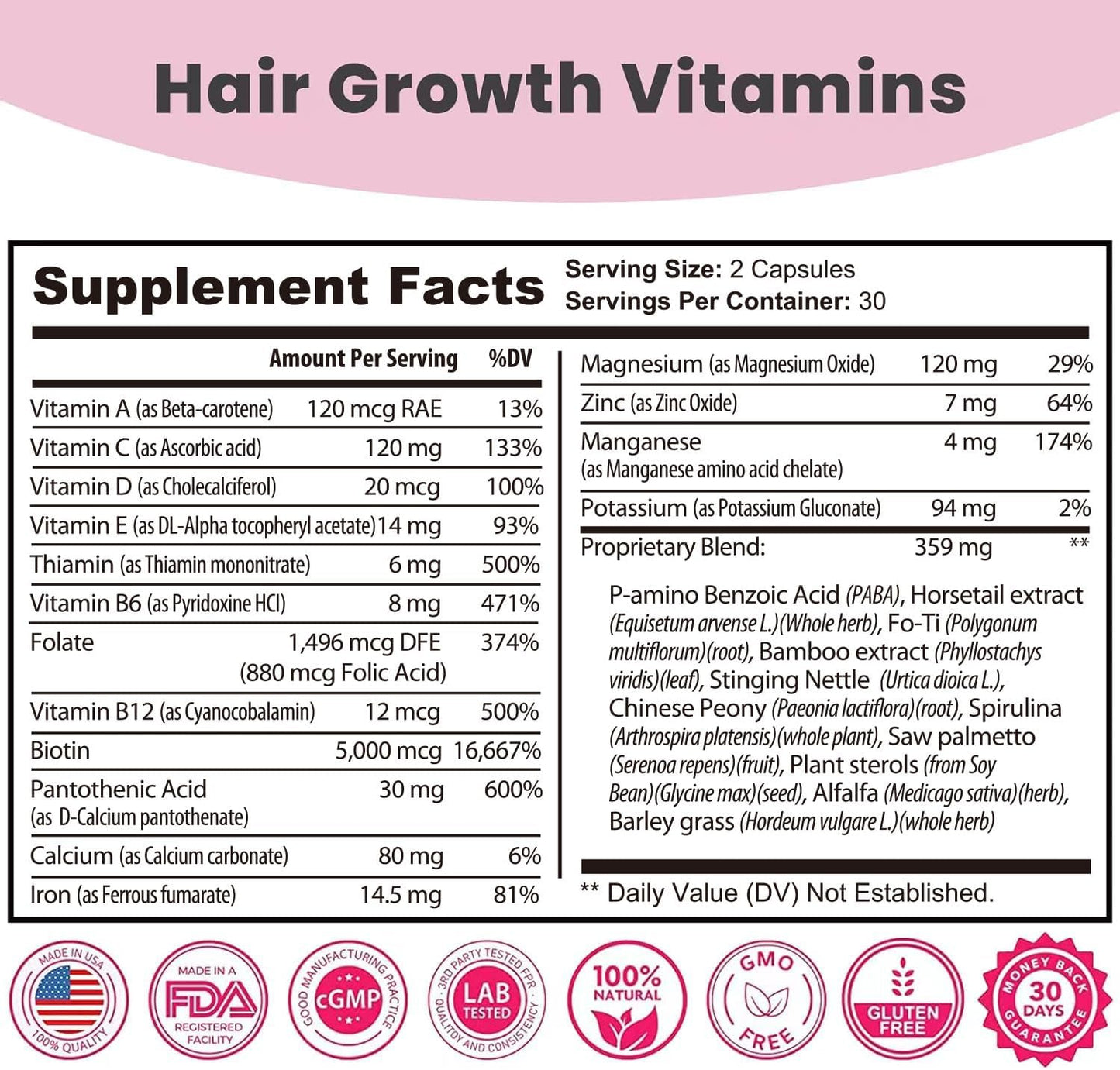 Women's Hair Skin and Nails Vitamins - USA Made Biotin Supplement for Hair Growth - DHT Blocker - Non-GMO, Gluten Free - 1 Month Supply - 5000MCG