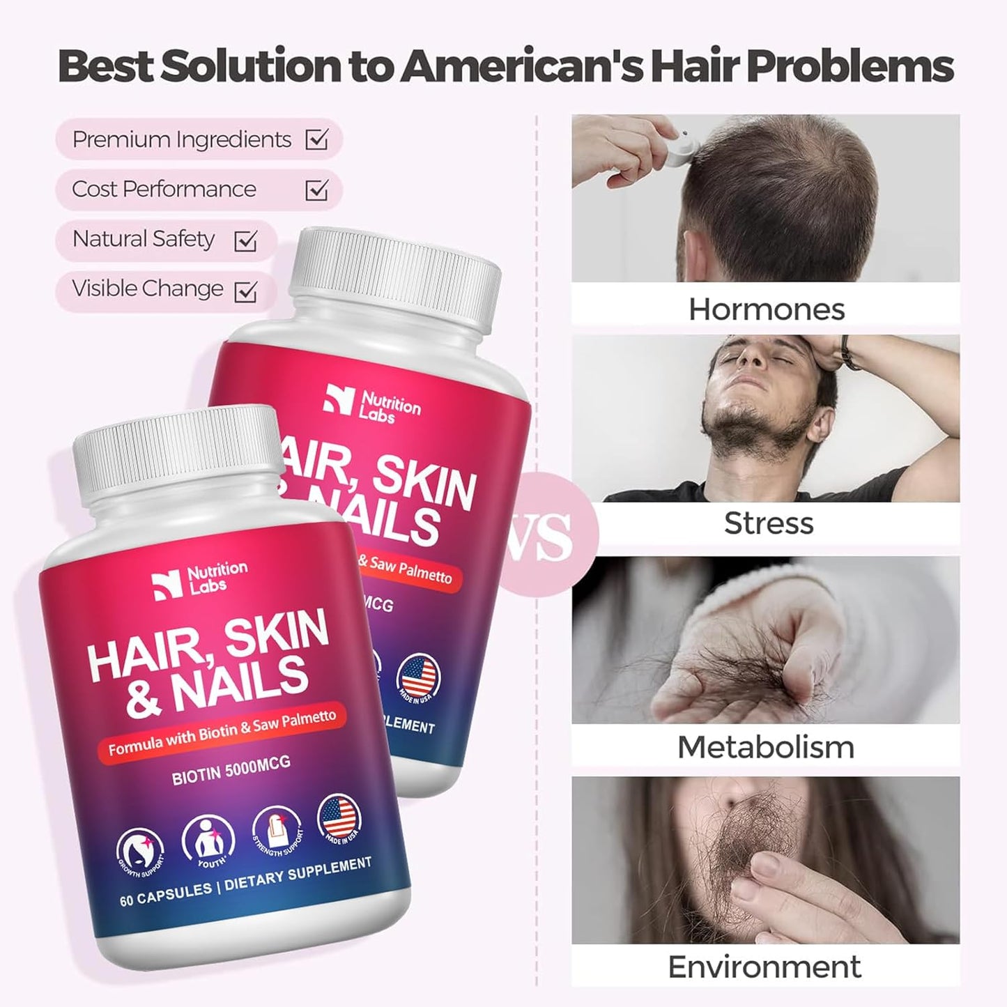 Women's Hair Skin and Nails Vitamins - USA Made Biotin Supplement for Hair Growth - DHT Blocker - Non-GMO, Gluten Free - 1 Month Supply - 5000MCG