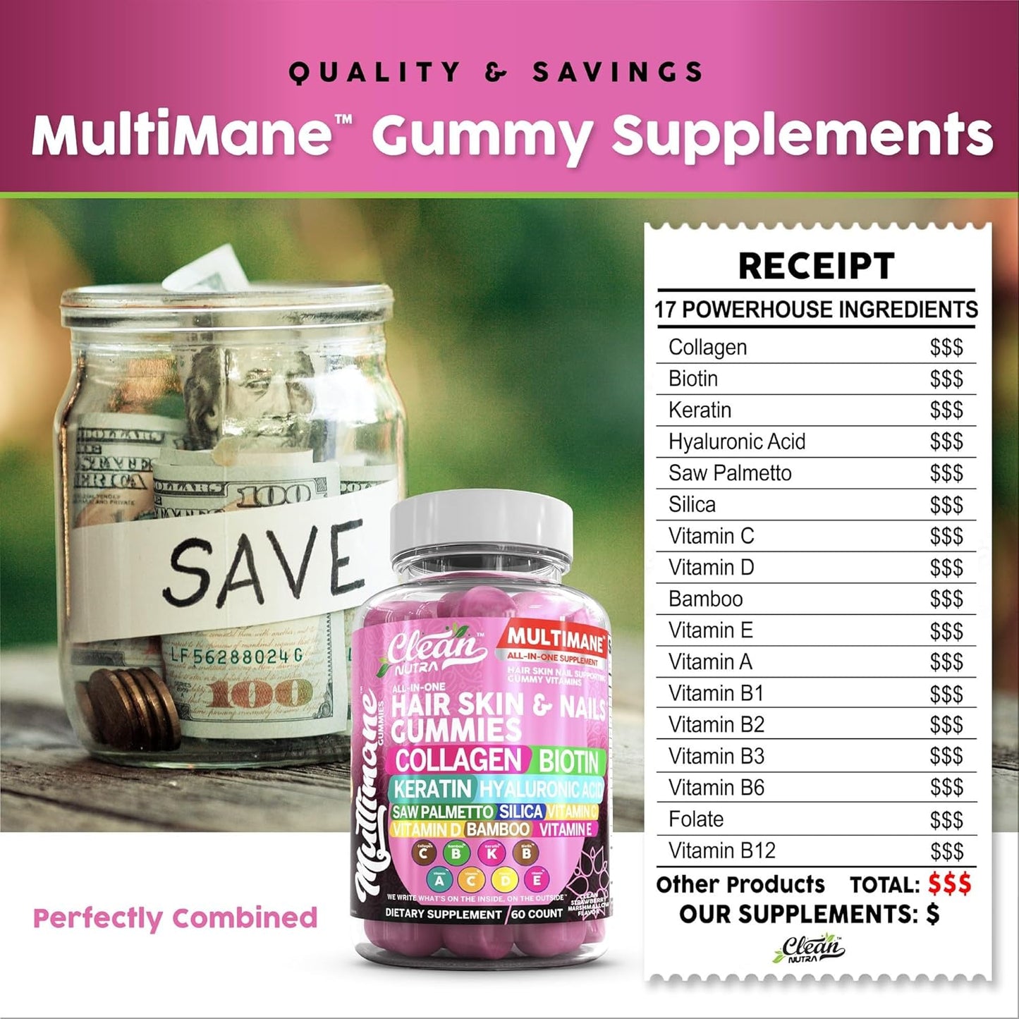 Women's Hair, Skin, and Nails Vitamins Gummies with Biotin, Collagen, Keratin, and Hyaluronic Acid - Vegan Formula with Vitamin A, C, D3, E, Folate, Saw Palmetto, and Silica