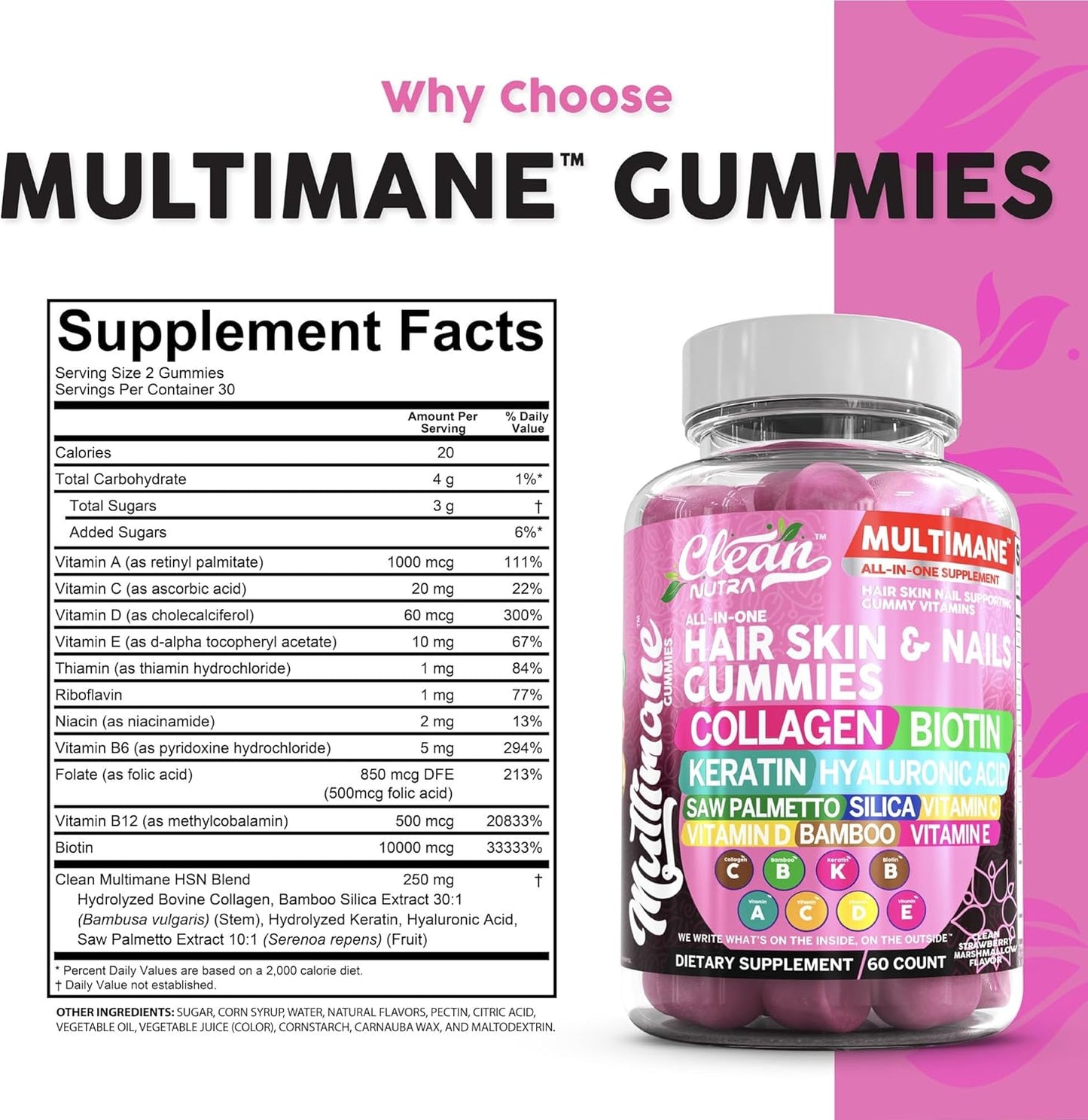 Women's Hair, Skin, and Nails Vitamins Gummies with Biotin, Collagen, Keratin, and Hyaluronic Acid - Vegan Formula with Vitamin A, C, D3, E, Folate, Saw Palmetto, and Silica