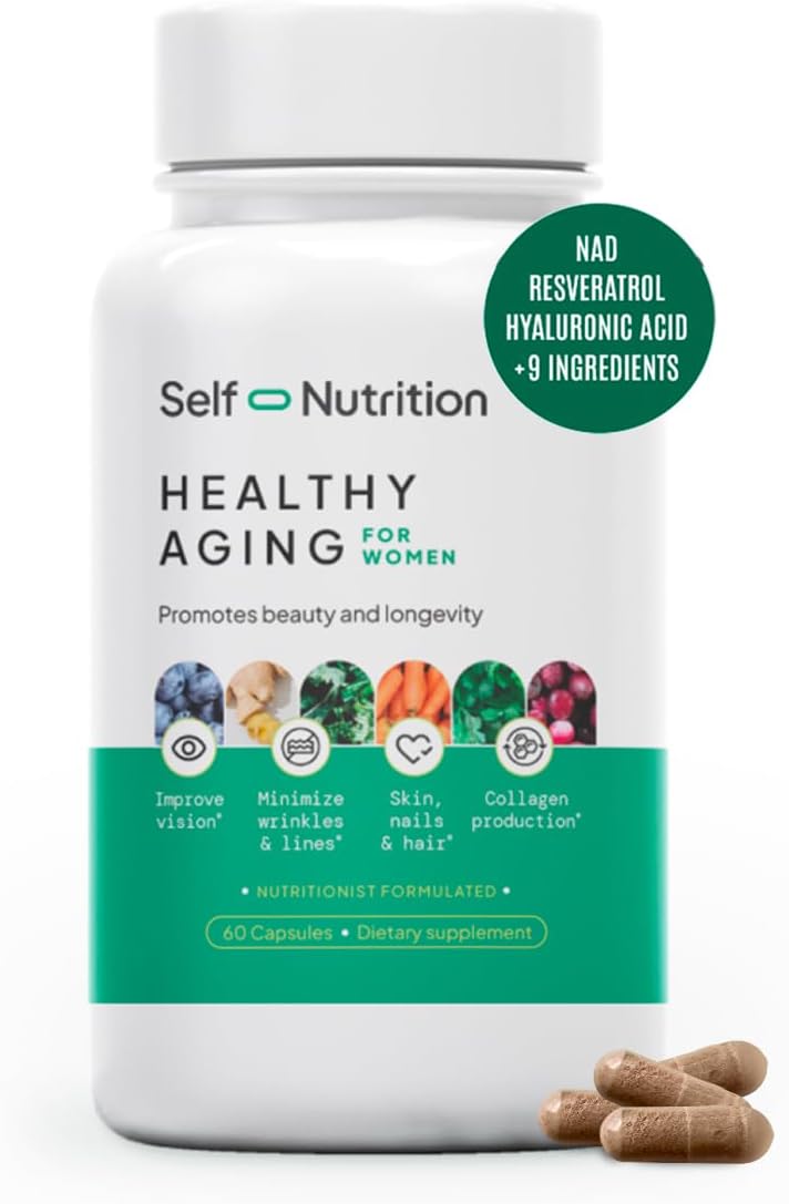 Women's Healthy Aging Supplement with Resveratrol, NAD, Collagen Booster, Biotin - Beauty Enhancing Formula with 12 Ingredients - Vegan, USA Made - 60 Capsules by SELF NUTRITION