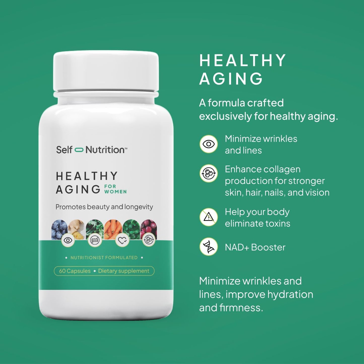Women's Healthy Aging Supplement with Resveratrol, NAD, Collagen Booster, Biotin - Beauty Enhancing Formula with 12 Ingredients - Vegan, USA Made - 60 Capsules by SELF NUTRITION