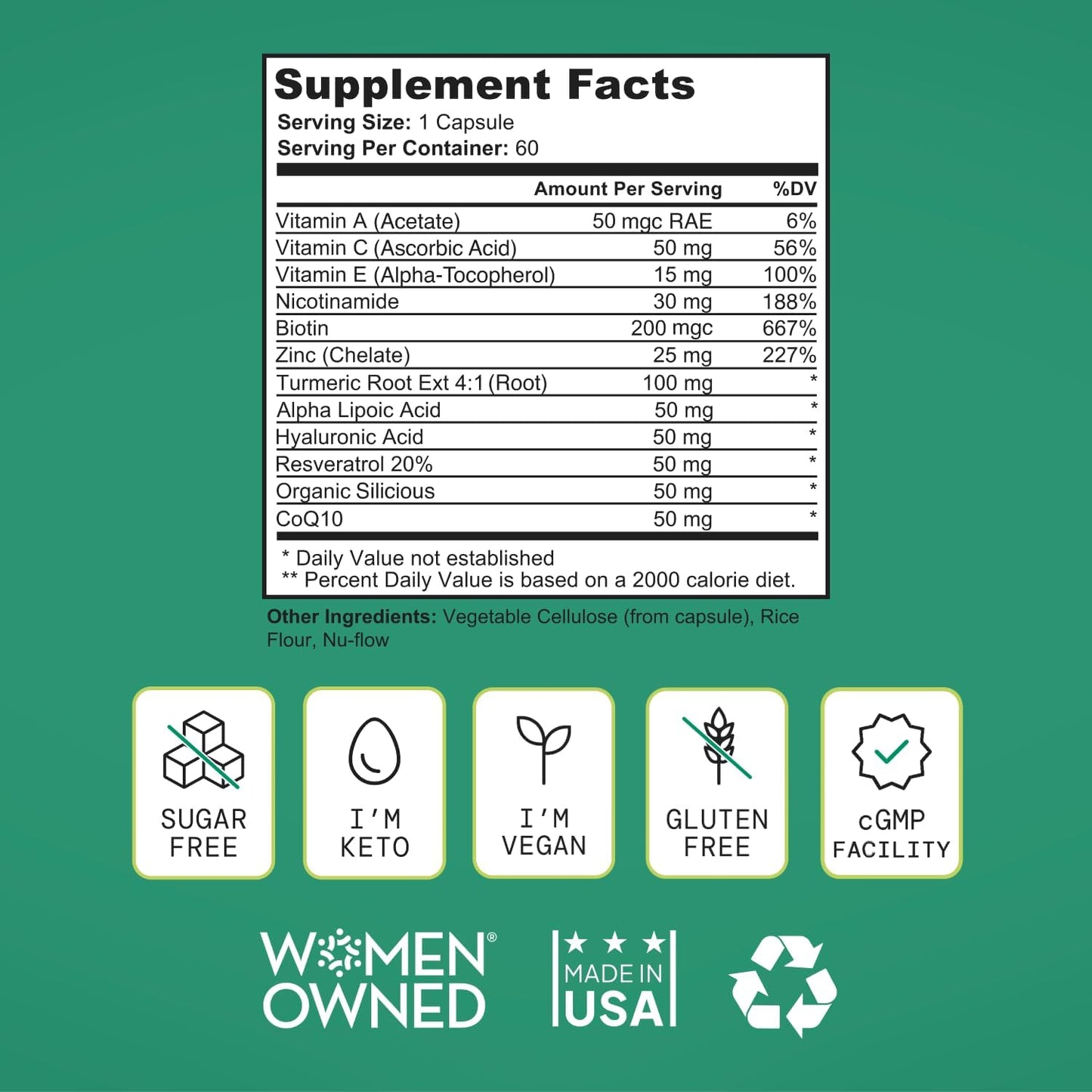 Women's Healthy Aging Supplement with Resveratrol, NAD, Collagen Booster, Biotin - Beauty Enhancing Formula with 12 Ingredients - Vegan, USA Made - 60 Capsules by SELF NUTRITION