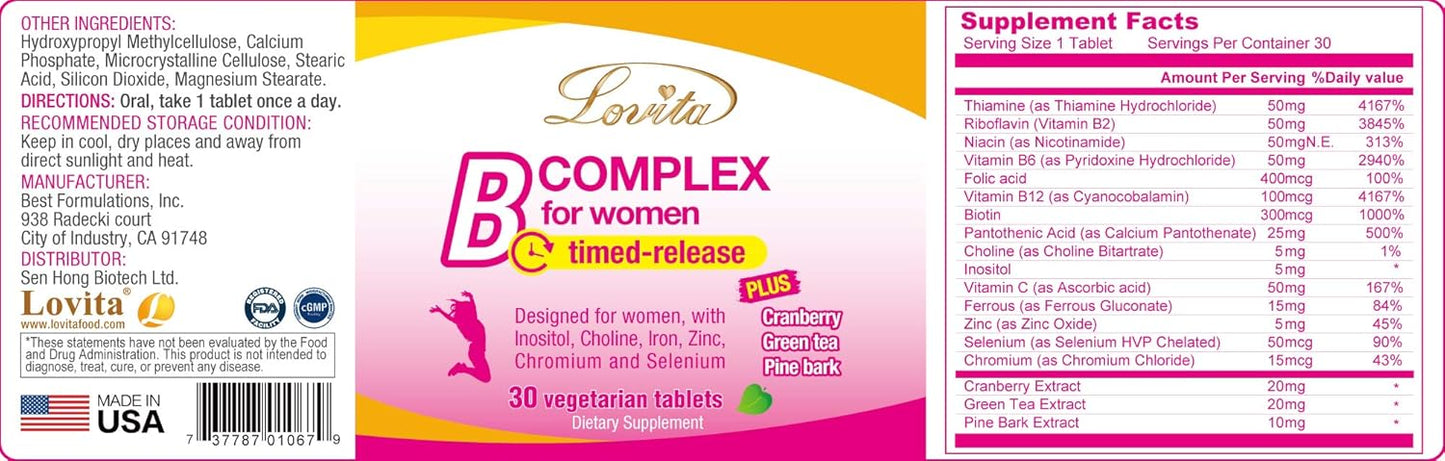 Women's High Potency Timed-Release Vitamin B Complex with Iron, Vitamin C, Cranberry, Pine Bark, Green Tea for Energy - 90 Vegetarian Tablets