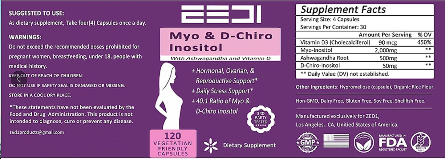 Women's Hormonal Balance & Ovarian Support Supplement with Myo & D-Chiro Inositol, Ashwagandha, and Vitamin D3 - 120 Capsules