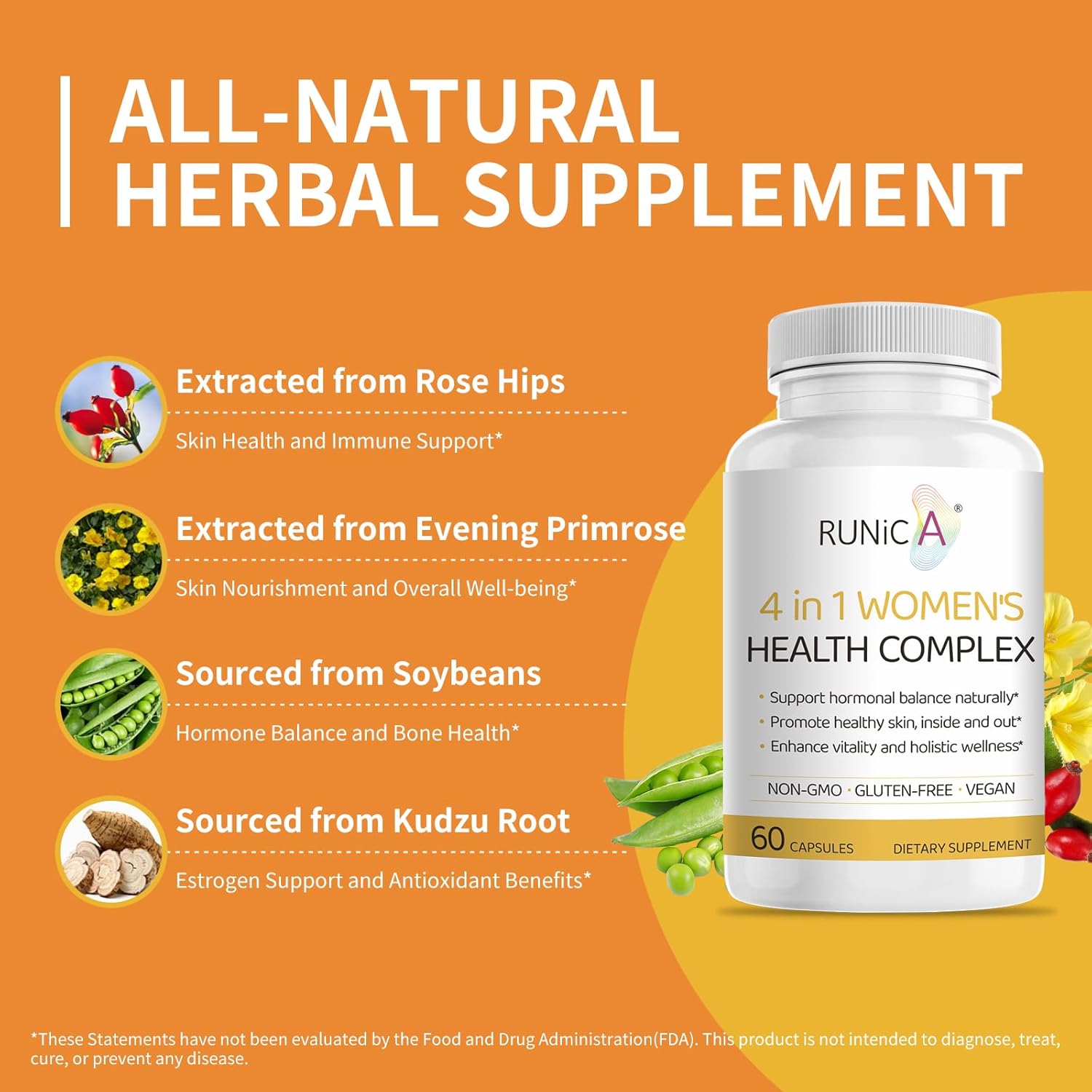 Women's Hormonal Balance & Skin Health Supplement - 4-in-1 Blend of Rose Hip, Soy Isoflavones, Evening Primrose & Pueraria Mirifica - 60 Vegan Capsules