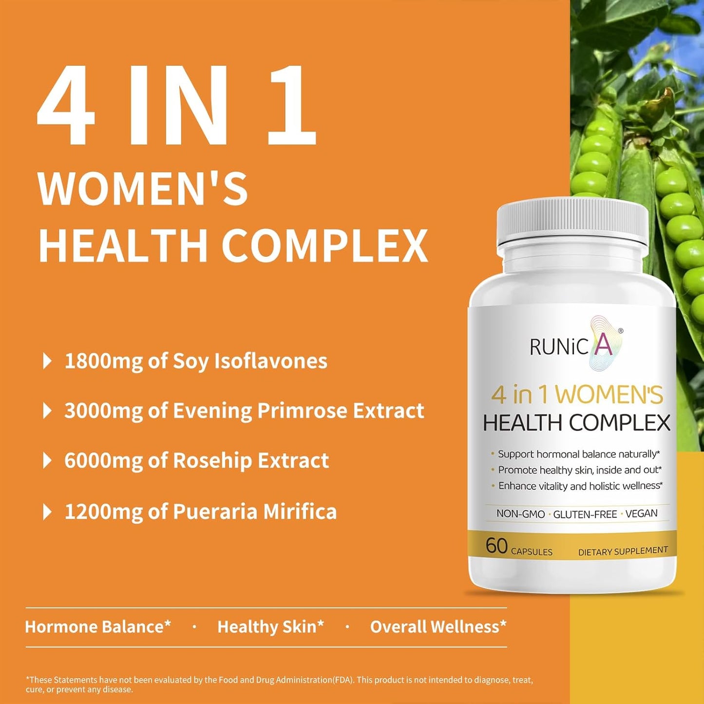 Women's Hormonal Balance & Skin Health Supplement - 4-in-1 Blend of Rose Hip, Soy Isoflavones, Evening Primrose & Pueraria Mirifica - 60 Vegan Capsules