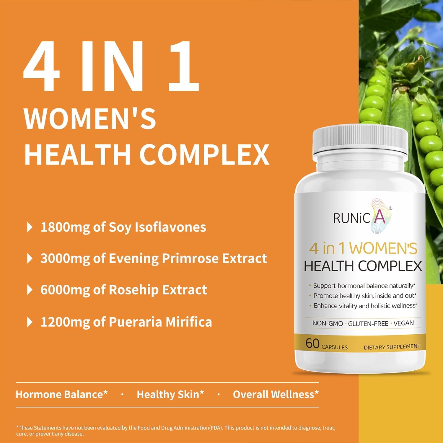 Women's Hormonal Balance & Skin Health Supplement - 4-in-1 Blend of Rose Hip, Soy Isoflavones, Evening Primrose & Pueraria Mirifica - 60 Vegan Capsules