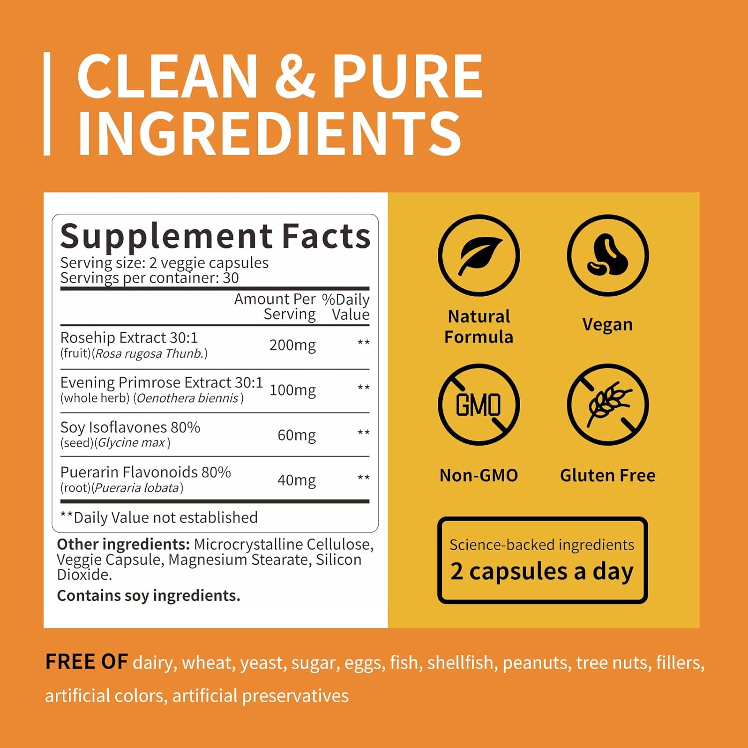 Women's Hormonal Balance & Skin Health Supplement - 4-in-1 Blend of Rose Hip, Soy Isoflavones, Evening Primrose & Pueraria Mirifica - 60 Vegan Capsules