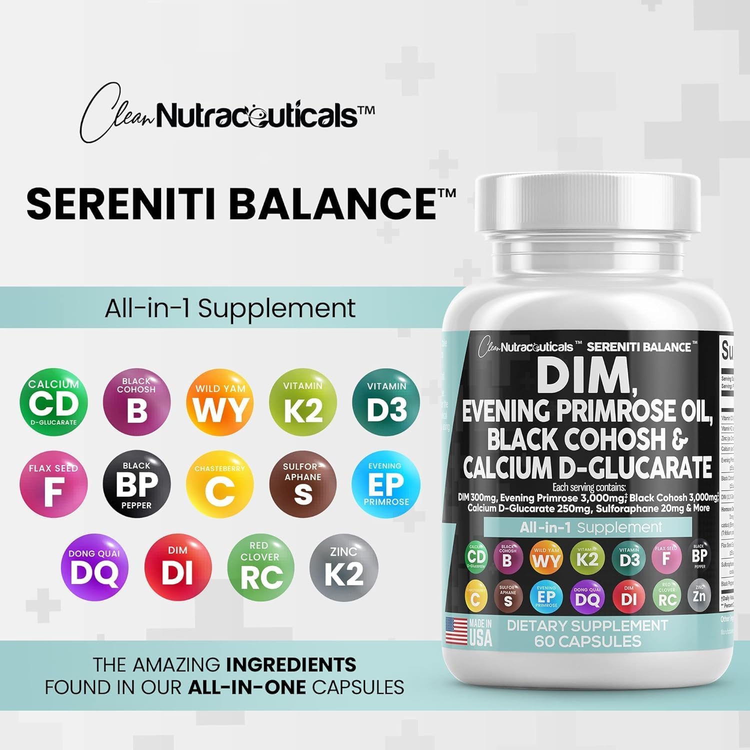 Women's Hormonal Support Vitamins with DIM, Evening Primrose, Black Cohosh, and Flax Seed Extract - 60 Capsules