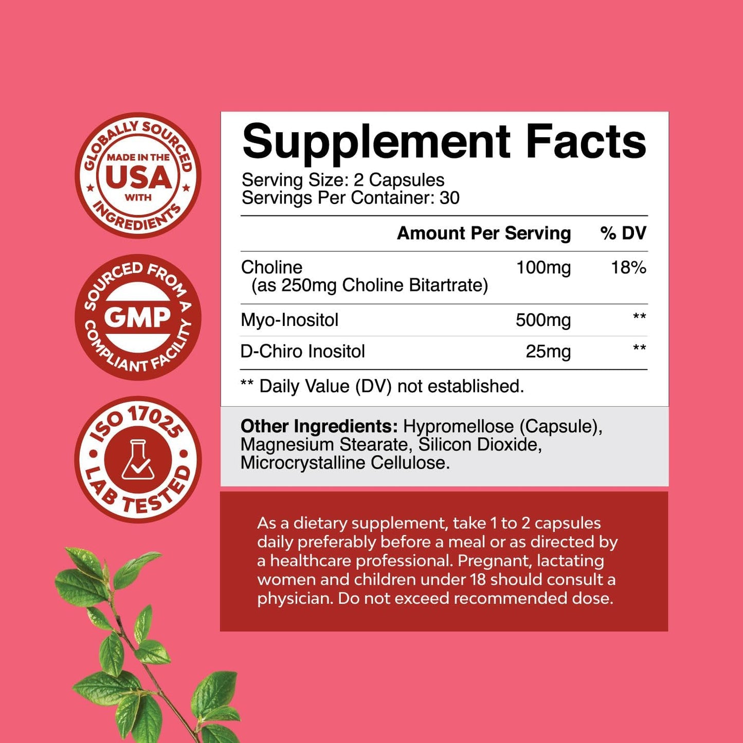 Women's Hormone Balance Capsules with Myo-Inositol & D-Chiro Inositol - Choline Supplement for Menstrual Cycle, Fertility, Hormonal Balance - 60 Capsules